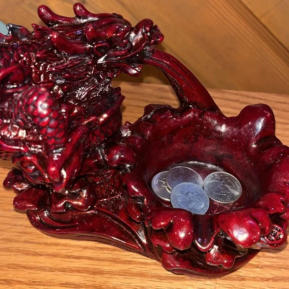 Vintage Chinese Red Lacquer Resin Dragon Holder Candle, Trinket, Ashtray Coins - Picture 10 of 10